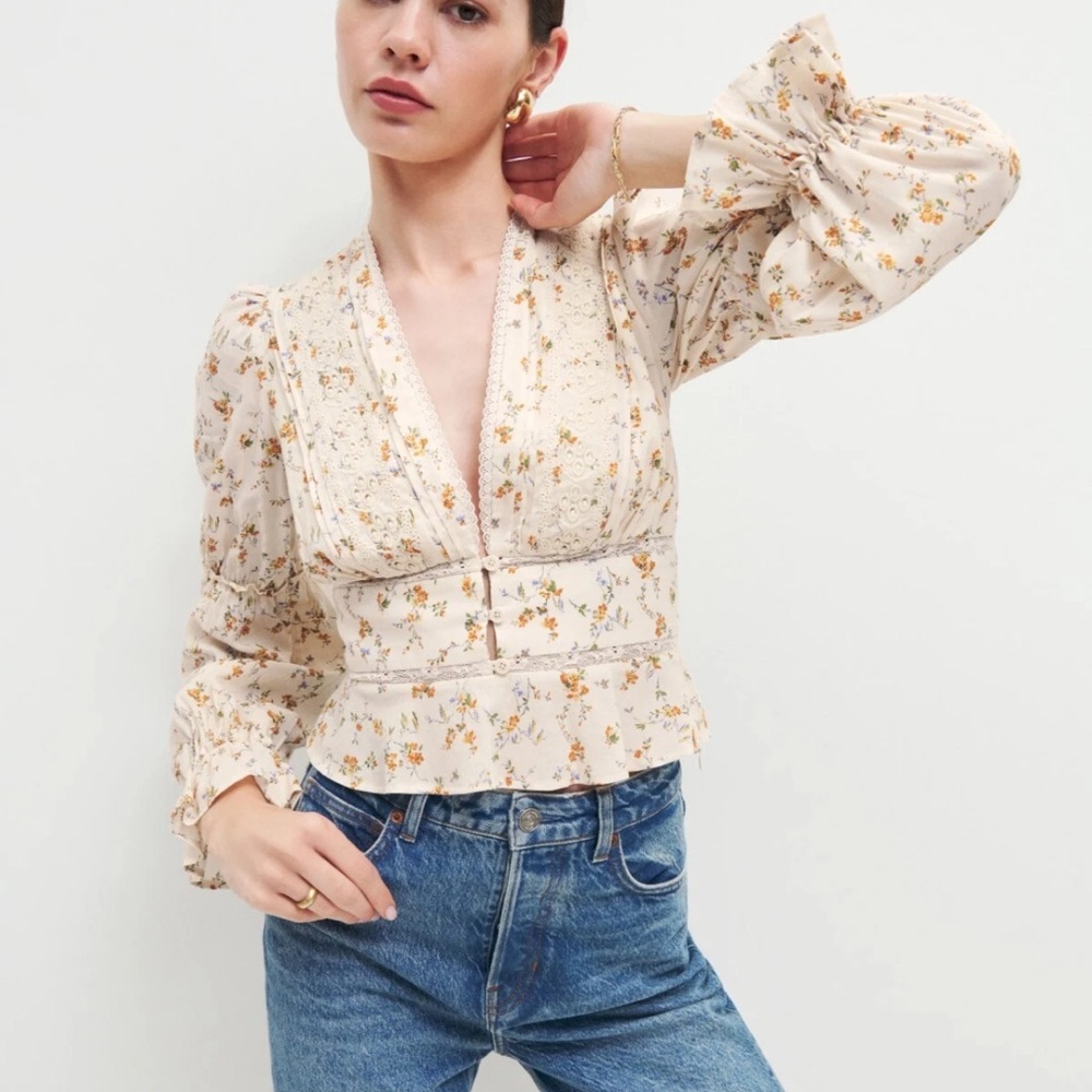 Reformation Meadowlark Blouse in Julius Cream Floral Corset Lace size 0 $168